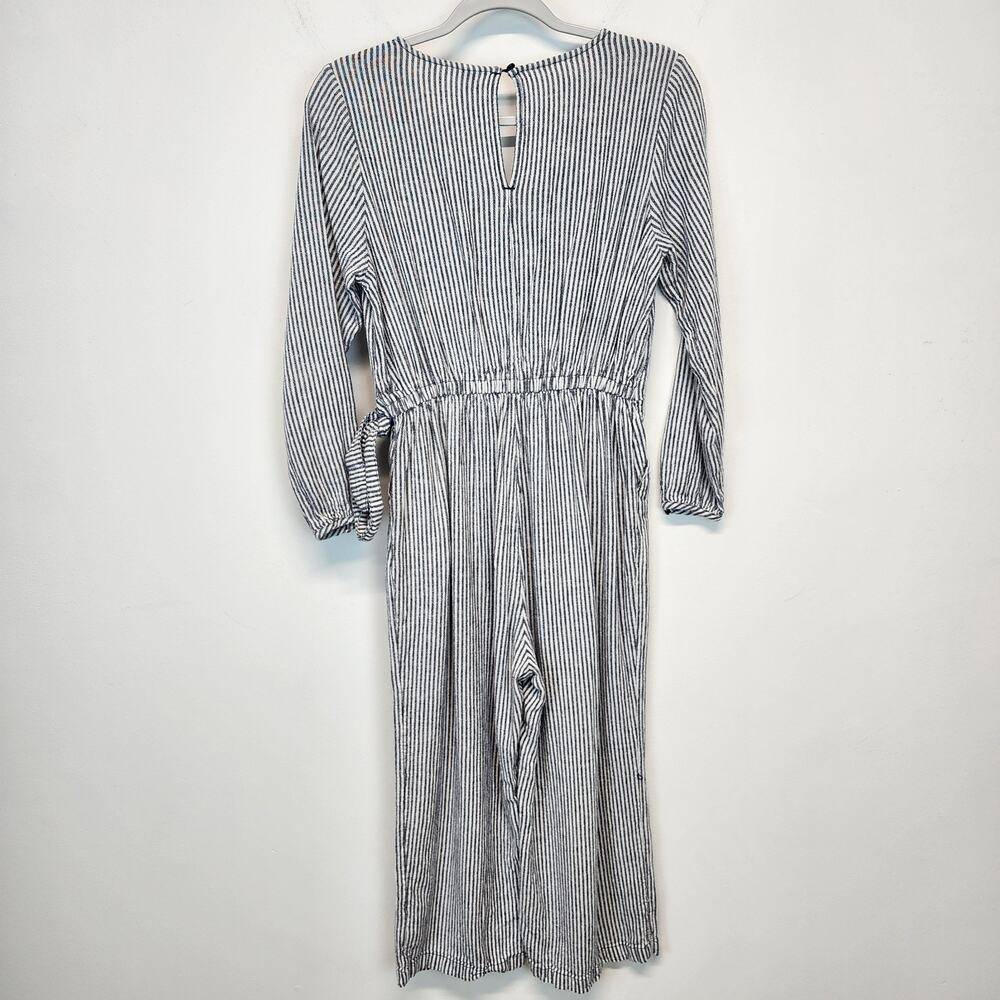 Old Navy Wide Leg Crop Jumpsuit Size S Striped Linen Blend Long Sleeve Tie Waist - Picture 4 of 15